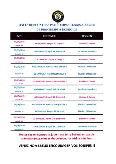 Dates rencontres équipes tennis adultes printemps à domicile Dates rencontres équipes tennis adultes printemps à domicile